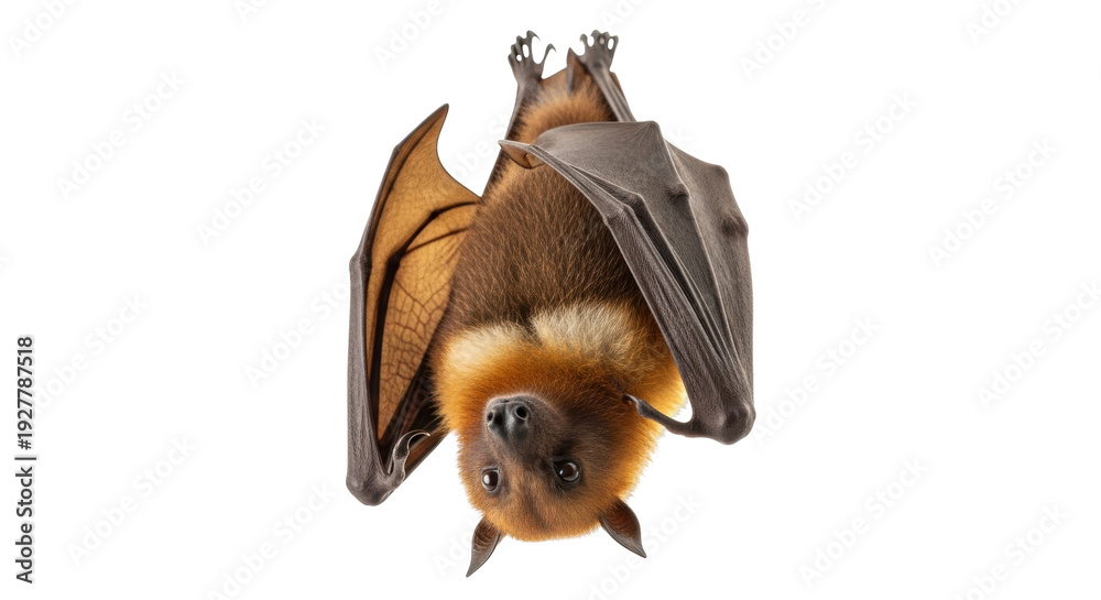 Fototapeta premium Isolated Brown fruit bat hanging upside down with its wings partially spread open