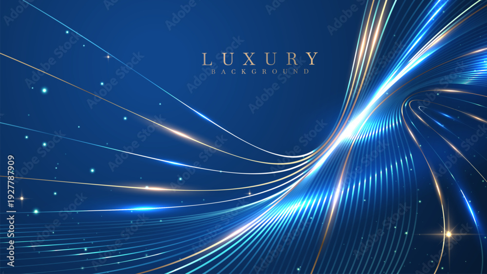 Fototapeta premium Abstract luxury blue background with glowing gold neon wave lines and sparkling stars. Vector illustration.