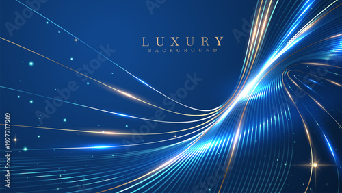 Abstract luxury blue background with glowing gold neon wave lines and sparkling stars. Vector illustration.