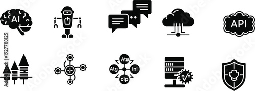 Black and white icons of ai api and technology concepts isolated on transparent background
