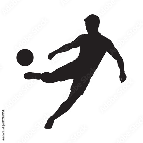 Silhouette of a soccer player kicking a ball against a white background