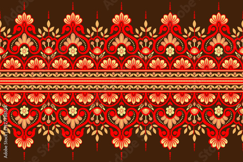 Traditional ethnic floral border pattern on dark brown background - Red and orange folk art
