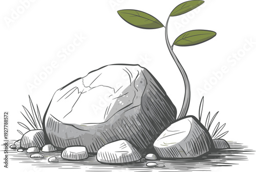 Small green sprout growing from rocky ground symbolizing resilience and hope isolated on white background illustration
