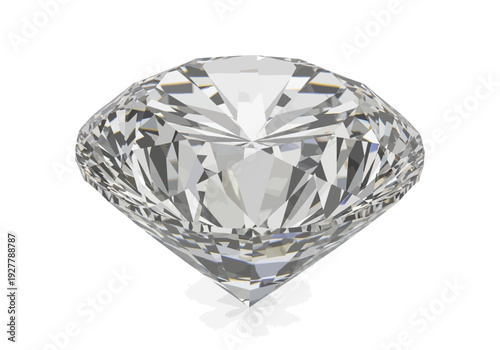 A large diamond gemstone is showcased with intricate facets and reflections, displayed on a neutral background from a straightforward viewpoint.