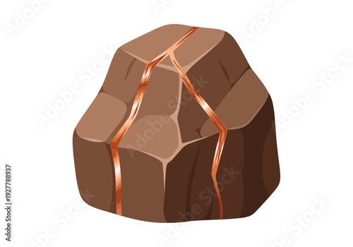 A large brown rock with orange lava flows through its cracks in a geological formation viewed from the side