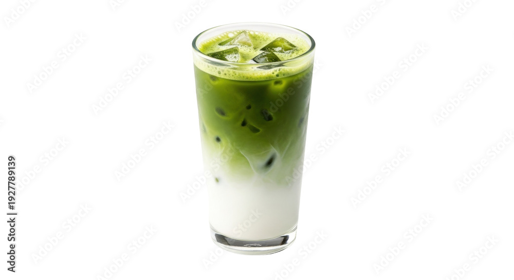Naklejka premium Isolated glass of cold Matcha latte drink on table, refreshment beverage against backdrop