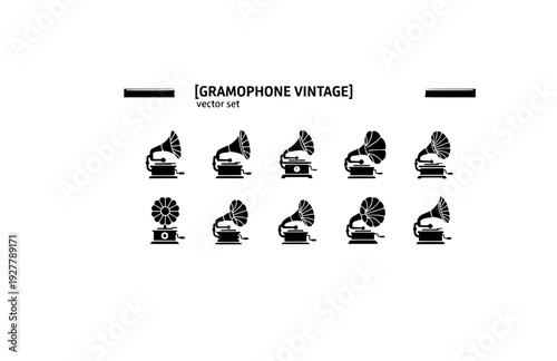 Gramophone Vintage Vector Set - Black Silhouette Illustrations, Phonograph Graphics, Gramophone Icons, Antique Audio Design Elements
