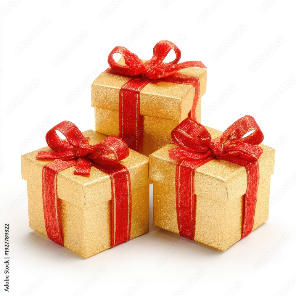 Obraz premium Three gold gift boxes tied with red ribbons, set against a clean white background