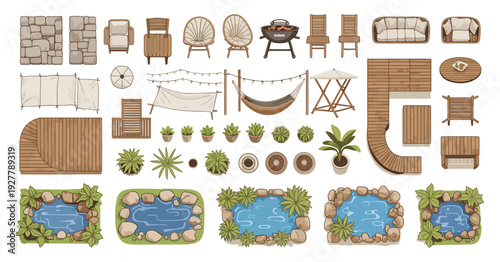 Top View Backyard Garden Furniture and Pond Landscaping Elements, Architectural Entourage Design for Floor Plans, Detailed Vector Illustration for Landscape and Exterior Layout Projects