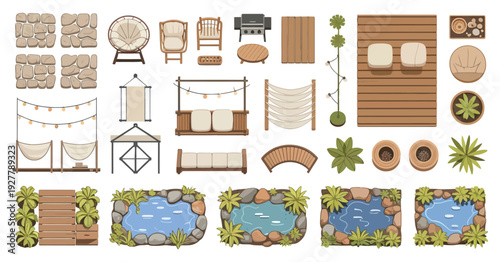 Top View Backyard Garden Furniture and Pond Landscaping Elements, Architectural Entourage Design for Floor Plans, Detailed Vector Illustration for Landscape and Exterior Layout Projects