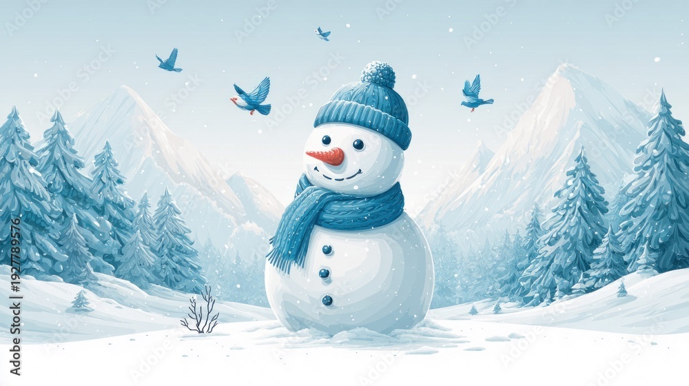 Obraz premium Charming snowman with blue scarf and hat stands in a snowy winter landscape with birds flying