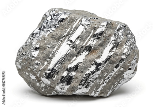 A detailed view of a rough silver ore rock specimen displayed on a pristine white surface