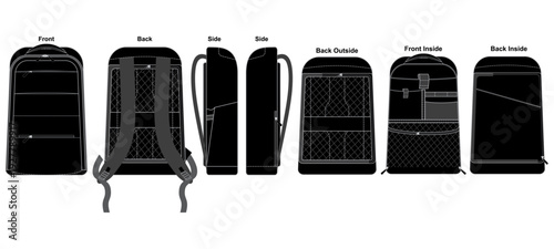 Backpack Technical Flat Sketch with Front Back Side and Inside Views Vector Illustration