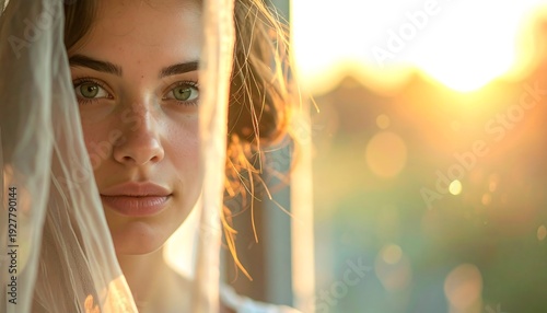Beautiful woman with veil and sunlight.