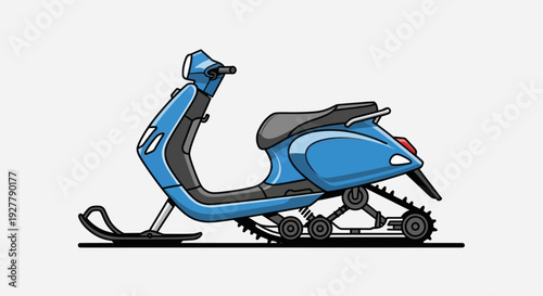 Modern blue snow scooter concept with tracks and ski in cartoon style illustration.