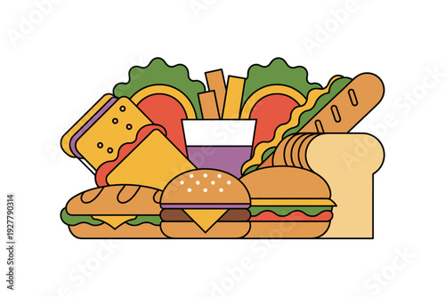 A colorful illustration of fast food items on a plate