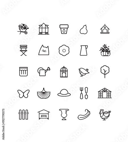 icônes jardin, potager, production de légumes et fleurs, série de symbole jardin, dessin au trait vecteur, modifiable