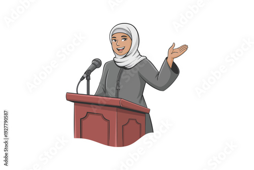 A Muslim woman wearing hijab giving a speech at a podium