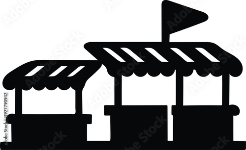 Two simple market stalls with awnings and a flag on one stall  isolated on transparent background