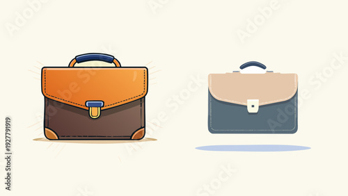 Two Briefcases, One Orange and Brown, the Other Blue and Tan, Isolated on a Light Background