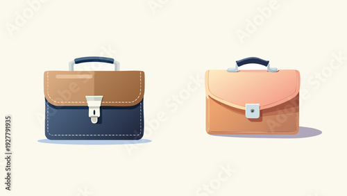 Two stylish briefcases, one brown and one beige, displayed side-by-side on a light background, representing business and travel