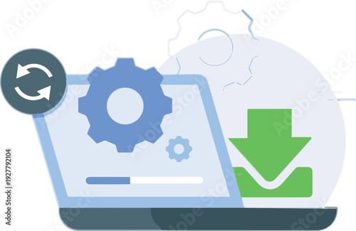 Software Update and System Download Concept Vector Illustration with Laptop, Gear Settings and Refresh Symbol for Technology Upgrade and Data Installation Process