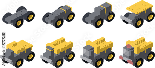 Isometric Construction Truck Icons Set Featuring Industrial Vehicles, Mining Dump Trucks and Heavy Equipment Vector Illustration Collection for Engineering and Transportation Design