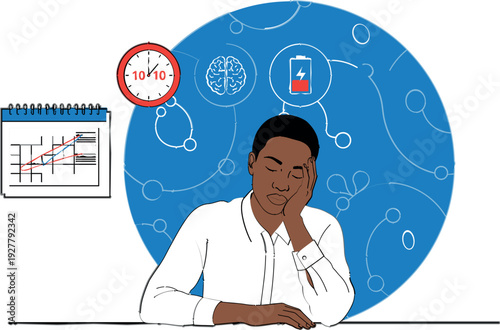 Overworked Businessman Feeling Mental Fatigue and Stress with Productivity Decline Concept Vector Illustration Showing Burnout, Low Energy and Workplace Performance Pressure