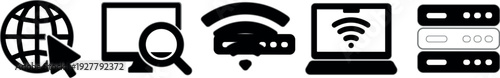 Internet and Network Technology Icons Set Featuring Web Access, Online Search, WiFi Connection, Laptop Connectivity and Server Data Communication Vector Collection