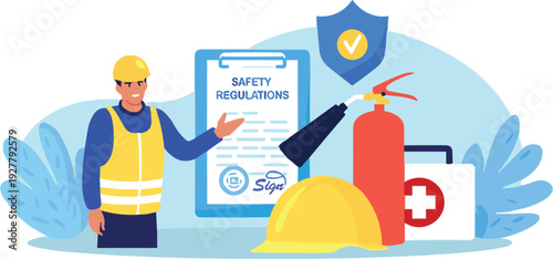 Workplace safety regulations concept with construction worker helmet fire extinguisher protection equipment compliance flat vector illustration