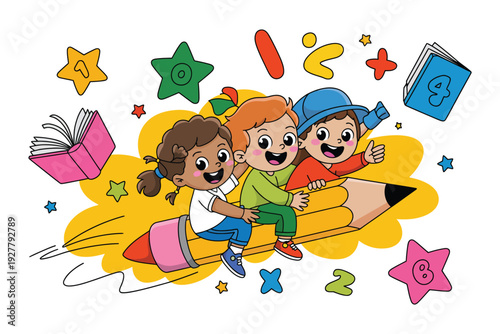 A colorful illustration of children riding a giant pencil surrounded by books and stars