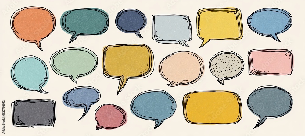 Fototapeta premium Hand-drawn, varied-shape speech bubbles in multiple colors on a cream background