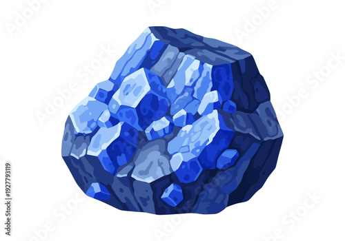 A vibrant blue gemstone illustration featuring crystalline structures, minerals, and precious stones from a close-up viewpoint.