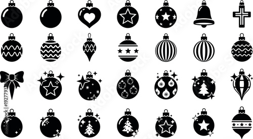 Christmas Ornament Icon Set with Holiday Baubles, Stars, Bells, and Festive Decorations for Winter Celebrations, Greeting Cards, Prints, and Vector Designs