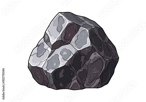 A dark gray and black rock with white patches on its surface is viewed from the side.
