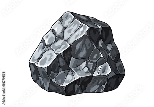 A detailed illustration of a rugged coal fragment viewed from the side, showcasing its textured surface and geometric structure.