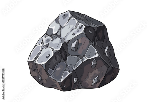 A detailed illustration of a dark brown and silver metallic ore from a close-up viewpoint