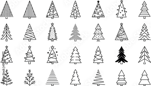 Christmas Tree Line Icon Set Featuring Minimal, Abstract, Decorative, and Hand Drawn Pine Tree Shapes for Holiday, Winter, and Festive Design Projects