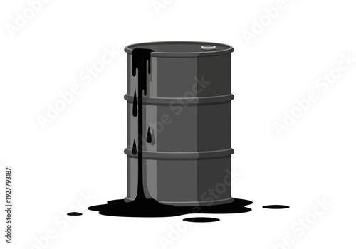 Oil spill from a leaking barrel on the ground, viewed from the side in a graphic illustration