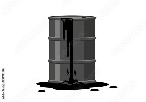 Leaking industrial barrel on a white background, viewed from the side, with a dark liquid spill surrounding it