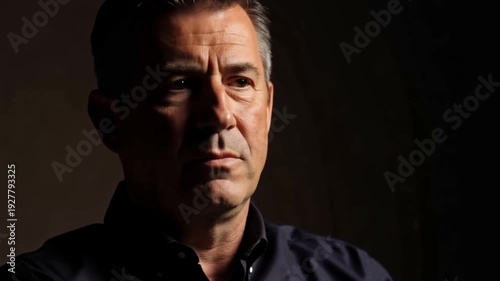Documentary-Style Interview with Dramatic Soft Side Lighting, Dark Neutral Background, Thoughtful Expression, Rule of Thirds Composition