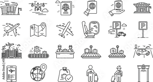 Airport Travel and Transportation Line Icon Set with Airplane, Boarding Pass, Luggage, Passenger Services, Parking, and Navigation Symbols