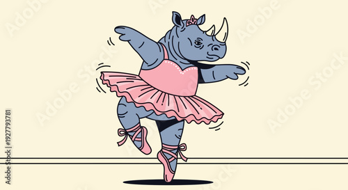 Cartoon Rhinoceros in a Graceful Pink Tutu Ballet Pose on a Soft Background, Playful Whimsical Scene from Side View