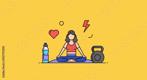 Cartoon woman practicing yoga on mat with water bottle, kettlebell, heart and lightning symbols overhead in bright setting