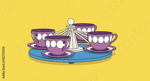 Whimsical Cartoon Tea Party Illustration with Purple Cups on Blue Tiered Dish in Sunny Yellow Setting