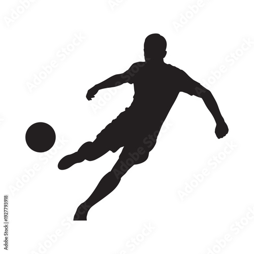 Silhouette of a soccer player kicking a ball against a white background