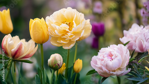 Yellow tulips and light pink peonies blooming in a garden, soft focus background creating a spring floral scene