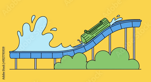 Vibrant Cartoon Illustration Water Slide with Blue and Green Figures, Yellow Background, Splash