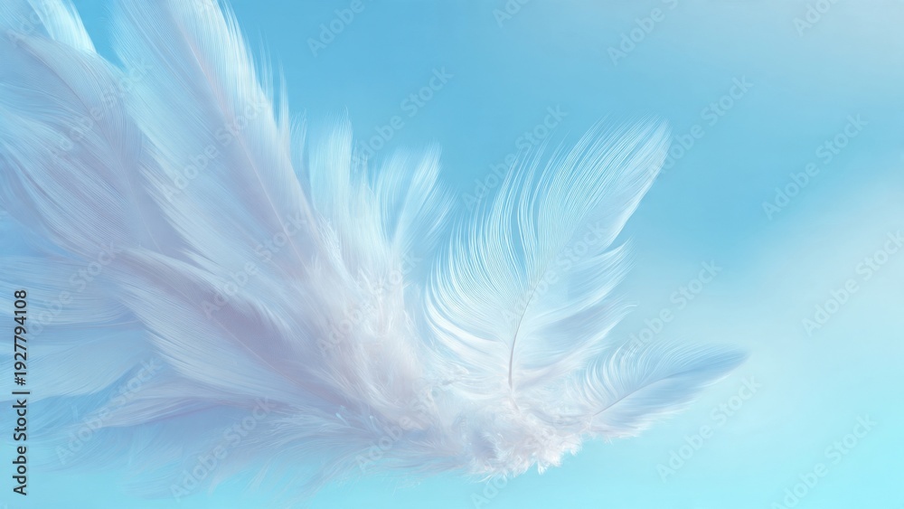Obraz premium Delicate White Feathers on Sky Blue Background