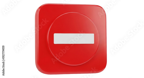 Isolated bright red rounded square with white bar, stop sign, warning icon or symbol sign